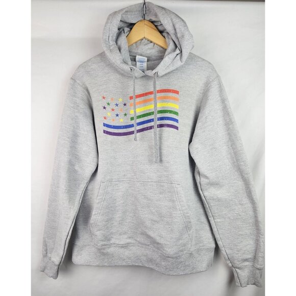 Rainbow American Flag Hoodie Sweatshirt Adult Size Medium Gray Pride LGBTQ Shirt - Picture 1 of 11
